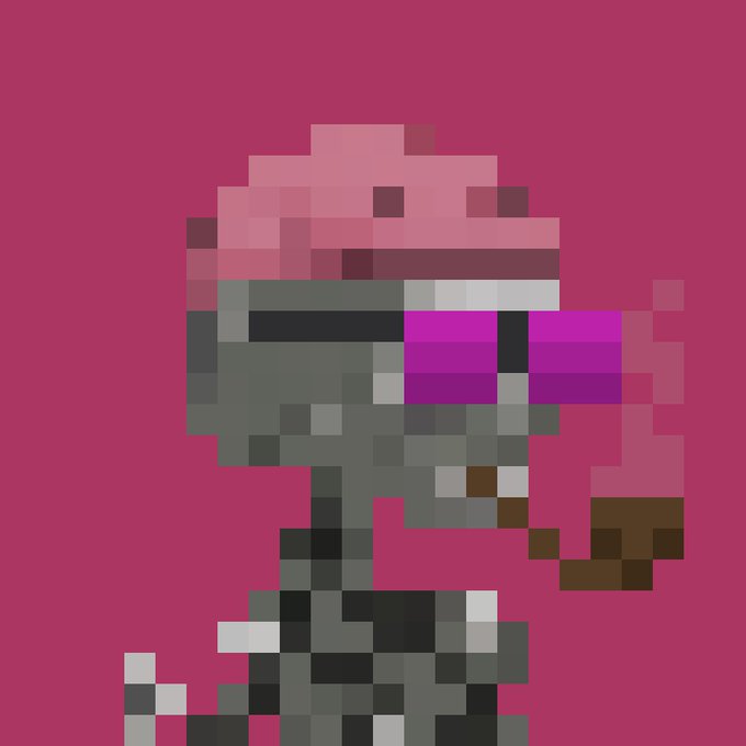 A heavily pixelated digital image showing a gray creature-like figure with pink hair and purple sunglasses against a solid magenta background.