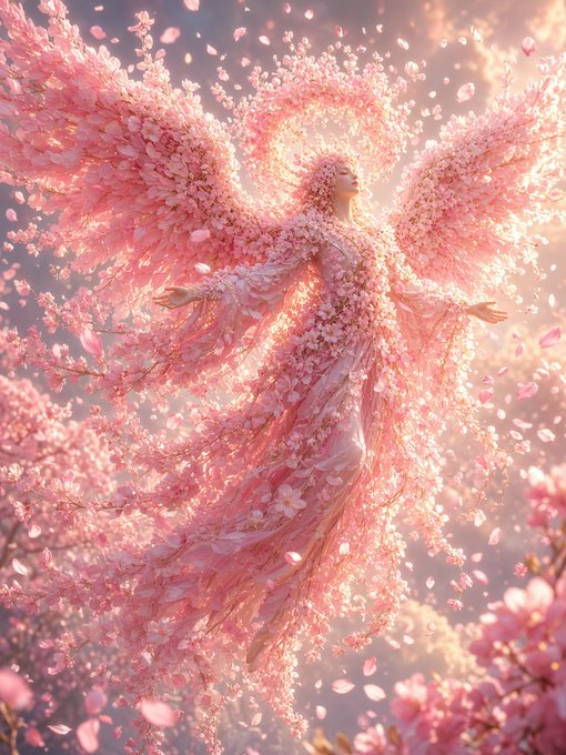 A fantasy digital artwork depicting an ethereal angel or fairy figure with large pink floral wings and a flowing pink dress, surrounded by falling cherry blossom petals in a dreamy, magical setting.