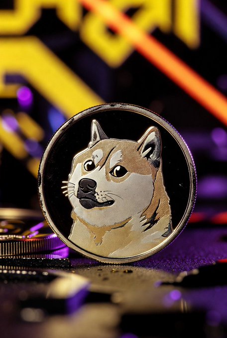 The image features a coin with a cartoon dog face, which appears to be a Dogecoin. The coin is placed on a table or desk, surrounded by other coins and possibly some text that reads "Dogecoin". This suggests that the image might be related to the world of cryptocurrency or digital currency, where the coin could represent a virtual token or asset.