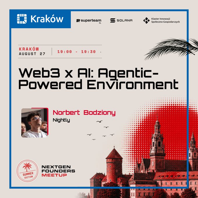 An event flyer for a 'Web3 x AI: Agentic-Powered Environment' talk in Kraków on August 27 from 19:00-19:30, featuring speaker Norbert Badziony from Nightly, presented by NextGen Founders Meetup.