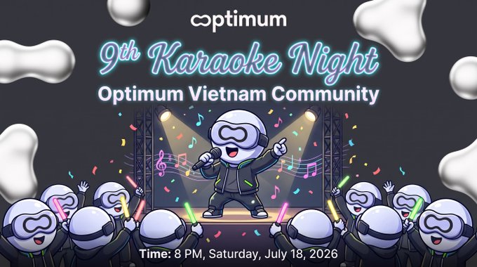 Optimum Vietnam Community event flyer for the 9th Karaoke Night on Saturday, July 18, 2026 at 8 PM, featuring a cartoon character on stage.