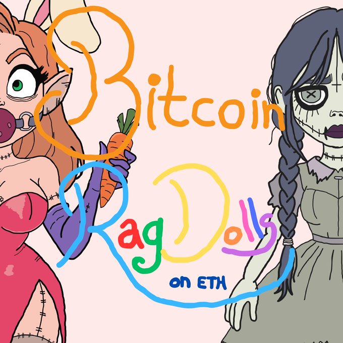 A hand-drawn illustration features two stylized rag doll characters flanking colorful, childlike text reading "Bitcoin RagDolls on ETH," promoting an NFT giveaway of unique, hand-painted ordinals rendered on OpenSea.