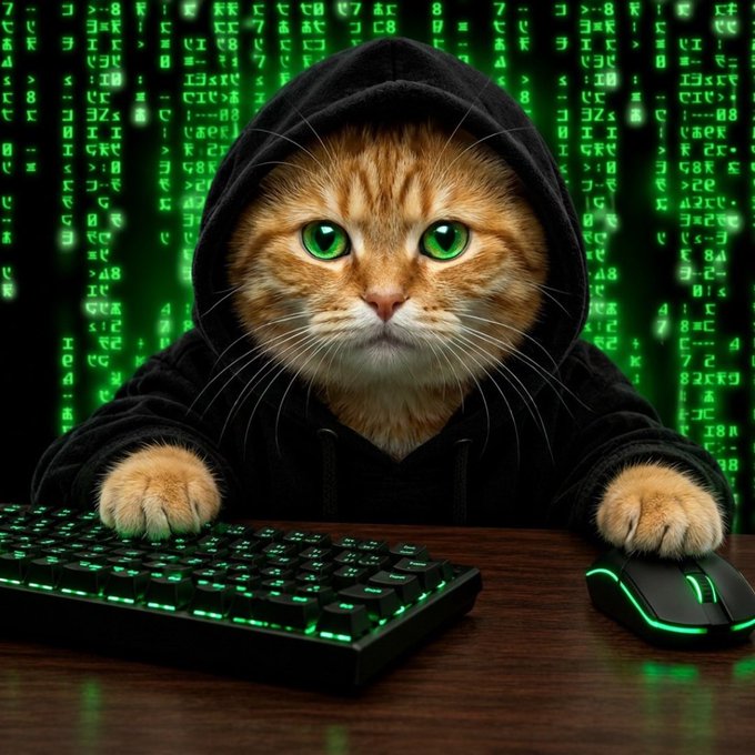 A hooded orange tabby cat with glowing green eyes sits at a neon-green keyboard and mouse, surrounded by cascading Matrix-style code. The image illustrates the post’s crypto giveaway theme—claiming a $10,000 $CYBERCAT airdrop for followers who retweet—but no contract address ending is visible in the image.