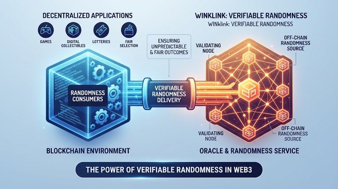 An infographic titled 'THE POWER OF VERIFIABLE RANDOMNESS IN WEB3' illustrates the connection between decentralized applications like games and digital collectibles on a blockchain environment with an Oracle & Randomness Service using WinkLink.