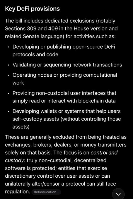 The image displays a text excerpt titled "Key DeFi provisions," listing excluded activities from regulation such as developing open-source protocols, validating transactions, operating nodes, and providing non-custodial interfaces. This relates to the accompanying post by highlighting that operating nodes or providing computational work—a key DeFi provision shown in the image—is a legal activity, with the post citing Evernode as an example of a compliant project.