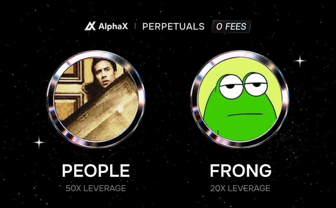 A promotional graphic for AlphaX Perpetuals with '0 FEES' offering 50x leverage on 'PEOPLE' (depicted with a staircase photo) versus 20x leverage on 'FRONG' (depicted as Kermit the Frog meme).