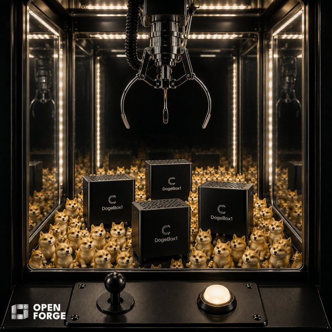 A claw machine-style image featuring a robotic claw above three black boxes labeled "DogeBox1" surrounded by many small Shiba Inu dog figurines, with an "OPEN FORGE" logo at the bottom.