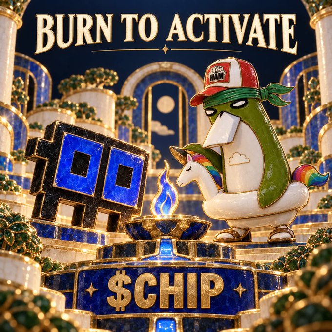 A stylized 3D illustration with the text 'BURN TO ACTIVATE' above '$CHIP', depicting a green penguin wearing a 'HAM' cap riding a unicorn next to a flame on a pedestal.