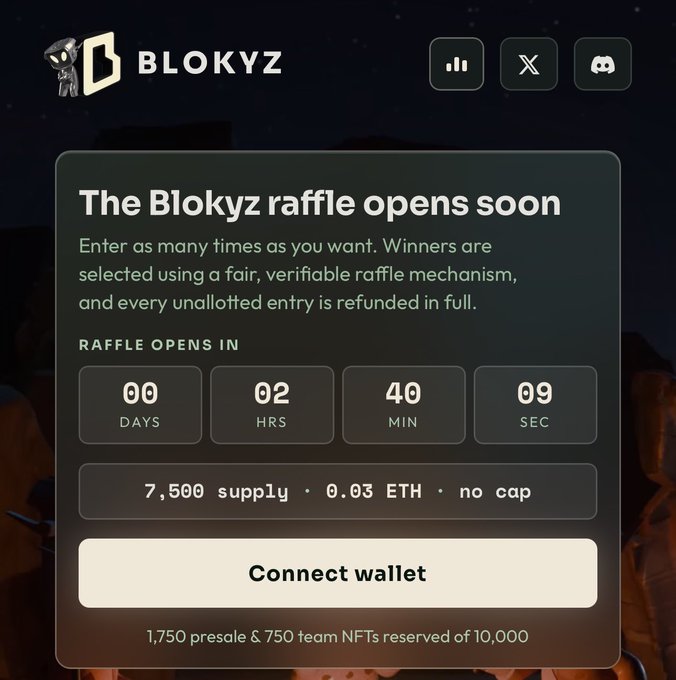 A promotional countdown for "The Blokyz raffle" showing 2 hours, 40 minutes until launch, with details of 7,500 supply available at 0.03 ETH and a "Connect wallet" button, noting that 1,750 presale and 750 team NFTs are reserved out of 10,000 total.