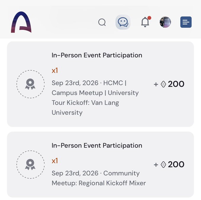An app interface showing two 'In-Person Event Participation' badges earned on Sep 23rd, 2026, for a 'Campus Meetup: University Tour Kickoff: Van Lang University' and a 'Community Meetup: Regional Kickoff Mixer', each worth 200 points.