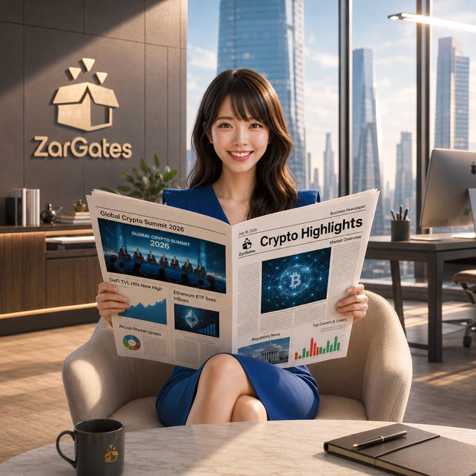 A smiling woman in a blue dress sits in a modern ZarGates office holding open the "Crypto Highlights" newspaper, which features headlines like "Global Crypto Summit 2026," "DeFi TVL Hits New Highs," and "Ethereum ETF Sees Inflows," visually aligning with the post's crypto market update for July 10, 2026.