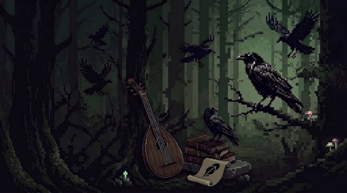 Pixel art of a dark, atmospheric forest scene featuring black crows perched on tree branches, with a lute and books resting on the ground nearby.