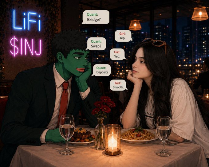 An anime-style scene depicts a green-skinned man in a suit dining with a woman at a restaurant; speech bubbles show a 'Quant' asking technical questions ('Bridge?', 'Swap?', 'Deposit?') and the 'Girl' giving short affirmative responses ('Yep.', 'Yep.', 'Smooth.'), while a neon sign reads 'LiFi $INJ' in the background.