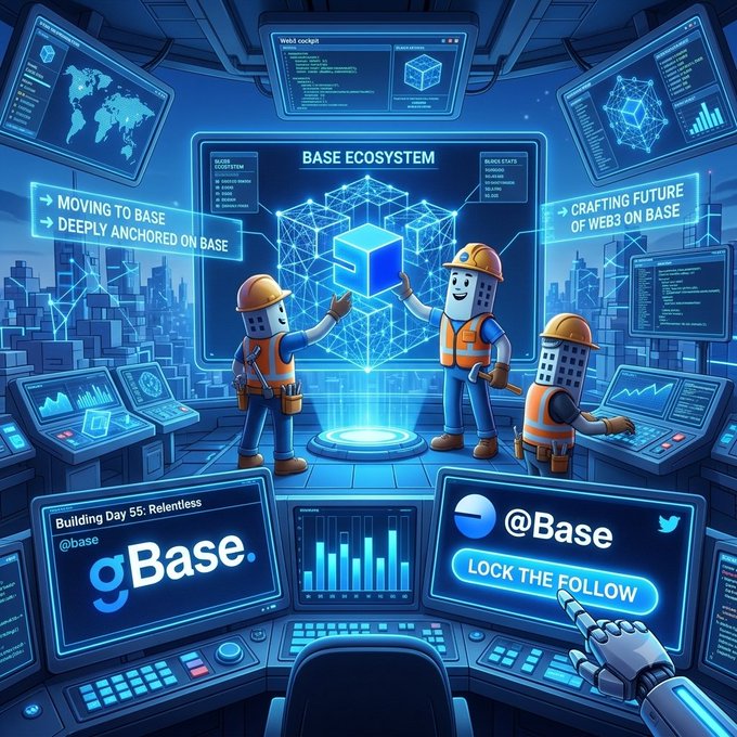 A futuristic digital illustration depicting the 'Base Ecosystem' as a command center, with construction workers building a blockchain network, surrounded by screens showing 'Moving to Base' and '@Base LOCK THE FOLLOW'.