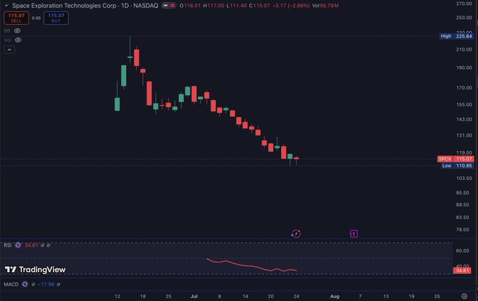 A TradingView daily candlestick chart for Space Exploration Technologies Corp (SPCX) on NASDAQ shows the stock declining from a high of $229.64 to $115.07 (-3.17), now trading below its $119.00 IPO price, visually reinforcing the post's claim that SPCX has fallen beneath its presale valuation.