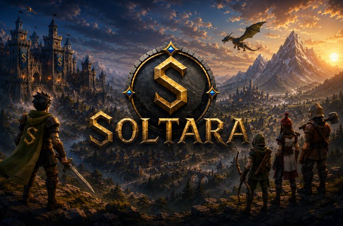 The image features a group of people standing together, with one person holding a sword. The background shows a castle surrounded by mountains under a sunset sky. The text "Soltara" appears multiple times throughout the scene, suggesting that this could be a video game or an online multiplayer game.