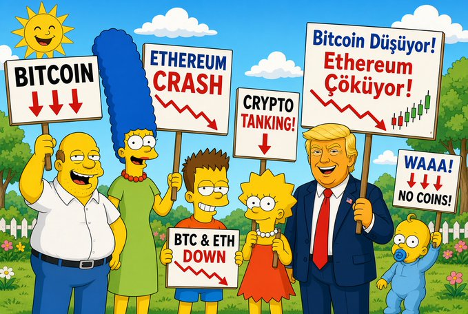 A Simpsons-style cartoon shows Homer, Marge, Bart, Lisa, and Maggie alongside a Trump caricature holding protest signs warning of a crypto crash, with text reading "BITCOIN," "ETHEREUM CRASH," "CRYPTO TANKING!," "Bitcoin Düşüyor! Ethereum Çöküyor!," "BTC & ETH DOWN," and "WAAA! NO COINS!" — visually amplifying the post's warning about an imminent crypto market downturn.