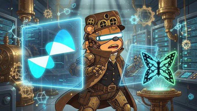 A digital artwork of a steampunk-style monkey wearing a top hat and goggles, holding a glowing blue screen with a white logo, while a glowing green butterfly hovers above a pedestal nearby.