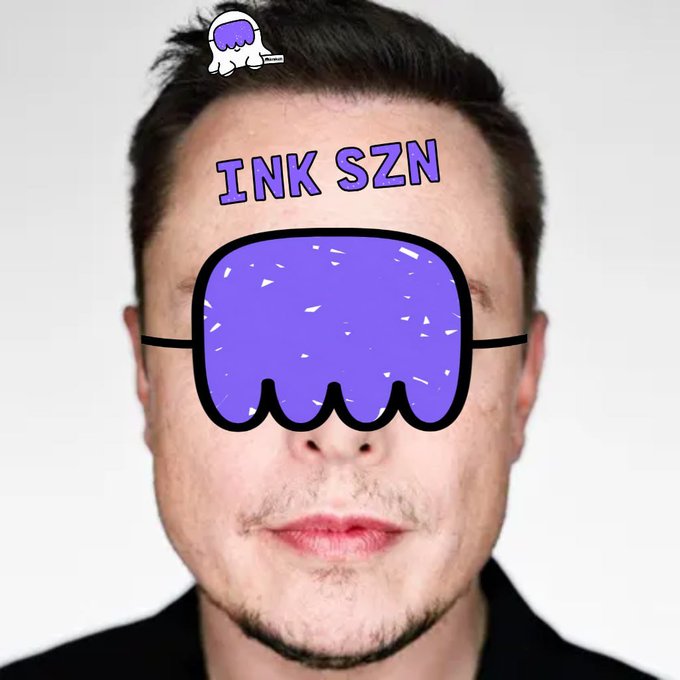 A man's face partially covered by a purple cartoon hand-drawn sunglasses sticker with the text 'INK SZN' and a small character graphic on his forehead.