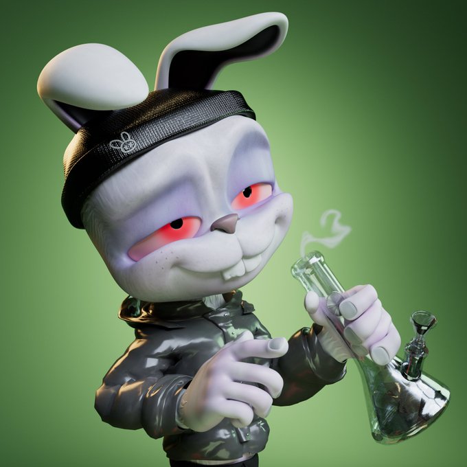 A 3D-rendered white rabbit character wearing a black beanie and camouflage hoodie holds a glass bong on a green background.