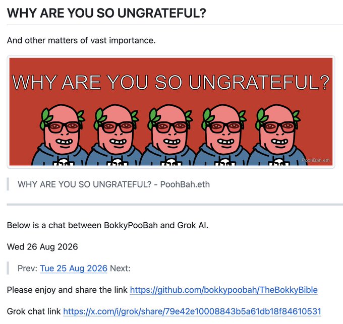 A webpage titled "WHY ARE YOU SO UNGRATEFUL? And other matters of vast importance" featuring a banner with five cartoon characters and links to PoohBah.eth, TheBokkyBible on GitHub, and a Grok chat.