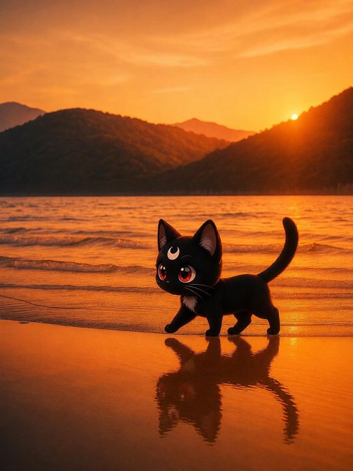 A stylized digital artwork of a cute black cartoon kitten with large red eyes walking along a beach at sunset, with mountains and the sun visible in the background, casting a reflection on the wet sand.