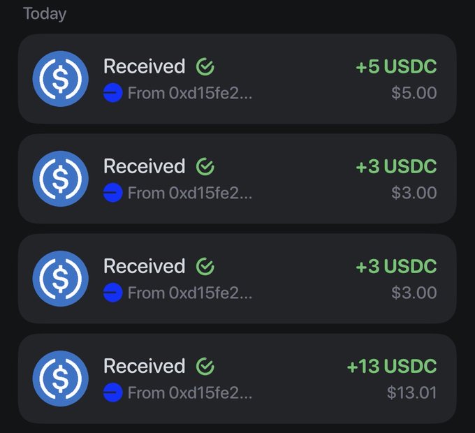 A mobile app screenshot showing today's received USDC transactions (+5, +3, +3, and +13 USDC) from the address 0xd15fe2...