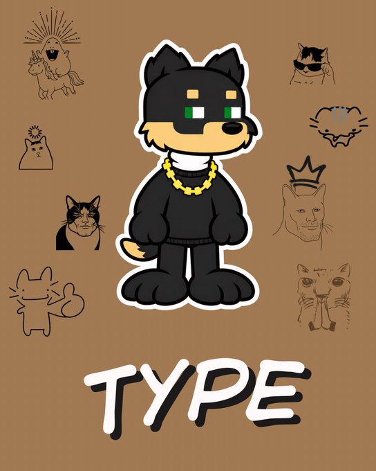 A cartoon illustration of a black dog-like character wearing a gold chain necklace, surrounded by various sketched cat faces, with the word "TYPE" displayed at the bottom.