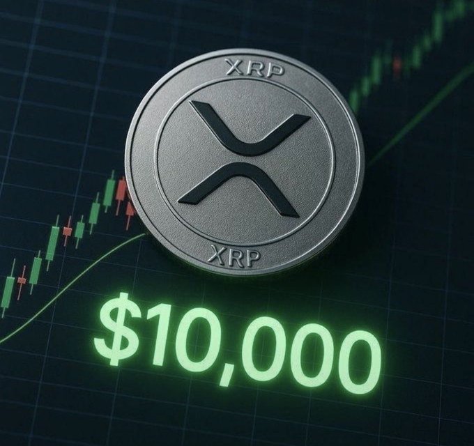 A digital rendering of a silver XRP cryptocurrency coin resting on a dark background with a green stock chart, accompanied by bright green text reading '$10,000' below the coin.