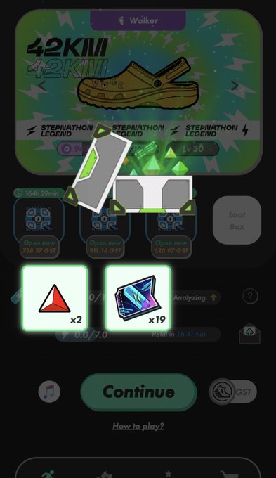 A mobile game screen showing a 42KM STEPNATHON LEGEND loot box with a Crocs shoe NFT, a 'Walker' energy bar, and loot boxes with a 'Continue' button.