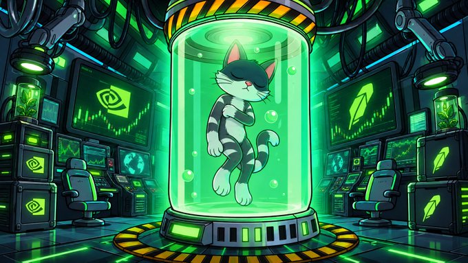 A cartoon-style illustration shows a black and white cat floating in a glowing green cylindrical tank inside a futuristic, high-tech laboratory.