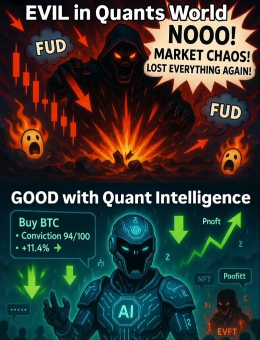 Two-panel illustration contrasting 'EVIL in Quants World' (depicting market chaos, FUD, and losses with a demonic figure) versus 'GOOD with Quant Intelligence' (showing an AI robot with profitable BTC trades and rising charts).