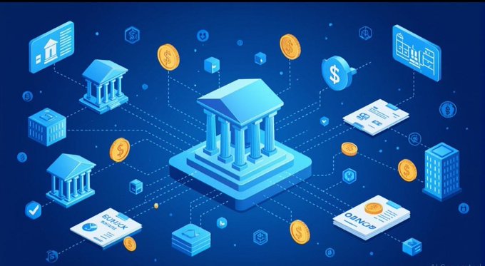An isometric digital illustration shows a central bank building surrounded by smaller bank icons, gold coins marked with dollar signs, invoices and invoices labeled "INVOICE," connected by dotted lines on a blue background—symbolizing traditional financial institutions integrating with decentralized finance networks. The imagery visually reinforces the post's theme of legacy banks expanding into DeFi partnerships and infrastructure.