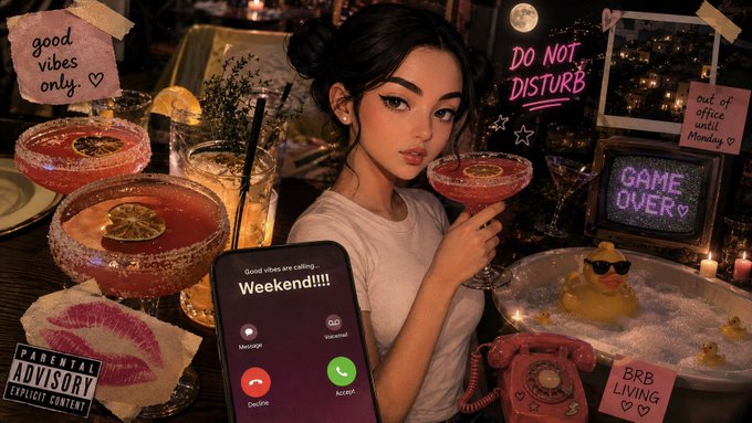 The image features a woman holding a drink, possibly a cocktail or wine glass filled with pink liquid, while looking at her cell phone. The background includes various party decorations such as cups, bowls of food, and a dining table. There are also several notes scattered around the scene, including one that says "good vibes only" and another that reads "game over."