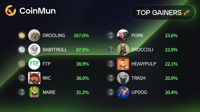 The image shows a screenshot of a website called CoinMun, which features a table listing names and their corresponding gains for various cryptocurrencies like drooling catsol, babytroll, ftp, ftp, rkb, updog, trashesol, etc. The text in the image suggests that this is a graphic representation or summary related to cryptocurrency gains and popular names within the crypto world.