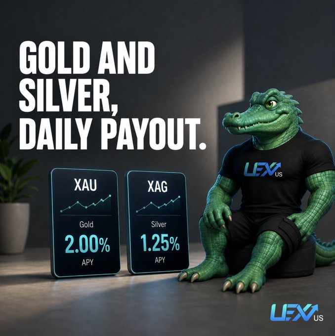 A promotional advertisement for UEX.us featuring a green alligator in a branded t-shirt, displaying "GOLD AND SILVER, DAILY PAYOUT" with XAU Gold at 2.00% APY and XAG Silver at 1.25% APY.