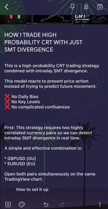A promotional graphic titled 'HOW I TRADE HIGH PROBABILITY CRT WITH JUST SMT DIVERGENCE' describes a trading strategy, noting 'No Daily Bias,' 'No Key Levels,' and 'No complicated confluences,' and lists GBPUSD and EURUSD as a sample correlated currency pair combination.