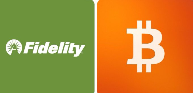 The image displays the Fidelity logo in white on a green background alongside the Bitcoin (₿) symbol in white on an orange background, visually representing the reported $23.92 million in BTC purchases by Fidelity clients and highlighting growing institutional demand for Bitcoin.