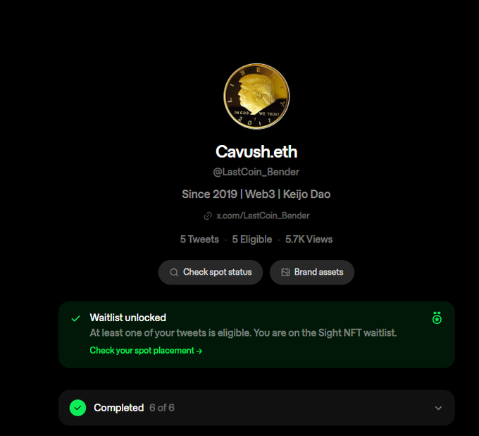 A X.com profile page for "Cavush.eth" (@LastCoin_Bender) showing "5 Tweets · 5 Eligible · 5.7K Views" with a green "Waitlist unlocked" notification confirming eligibility for the Sight NFT waitlist, directly supporting the post's claim about posts becoming eligible for @sight_hood.