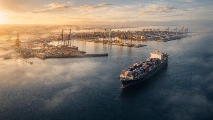 An aerial view of a large container ship sailing in a harbor at sunset, with cranes and port infrastructure lining the coastline in the background.