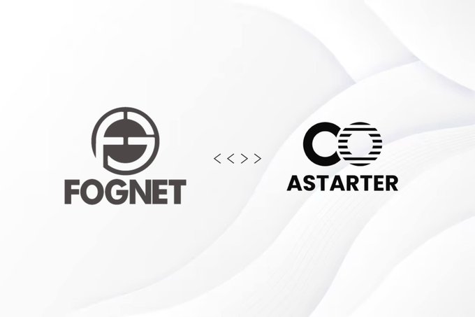 A graphic showing logos for FOGNET and ASTARTER with a '<<>>' symbol between them on a white wave background.