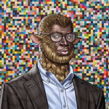 A digital illustration showcases a humanoid figure with a lion's mane and facial features, wearing glasses and a plaid blazer over a button-down shirt, set against a vibrant, pixelated mosaic background. The artwork likely serves as a stylized representation or mascot for an upcoming NFT collection minting next week at 0.016 ETH with a 2,000 supply.
