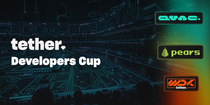 The image promotes the "Tether Developers Cup" hackathon, featuring the Tether logo alongside partner logos for AVAC, Pears, and WDK (tether.), set against a dark stadium backdrop with digital circuitry—visually echoing the tournament's football knockout structure described in the post.