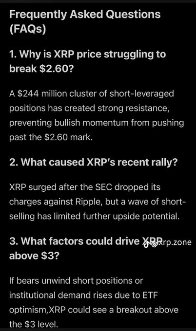 FAQ section about XRP cryptocurrency, addressing why its price is struggling to break $2.60, the recent rally cause, and factors that could drive XRP above $3.