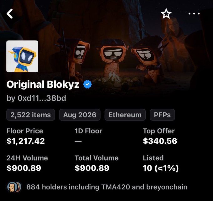Screenshot of the "Original Blokyz" NFT collection page on OpenSea, showing a floor price of $1,217.42, 2,522 items, 884 holders (including TMA420 and breyohchain), and a 24H volume of $900.89. The image relates to a "refresh" post as the page is likely being reloaded to view updated pricing and volume data.