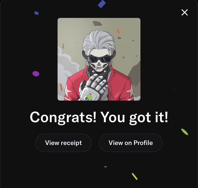 A digital screen displaying 'Congrats! You got it!' with confetti graphics, featuring an NFT-style illustration of a skeleton with white hair wearing sunglasses and a pink jacket, with buttons for 'View receipt' and 'View on Profile'.