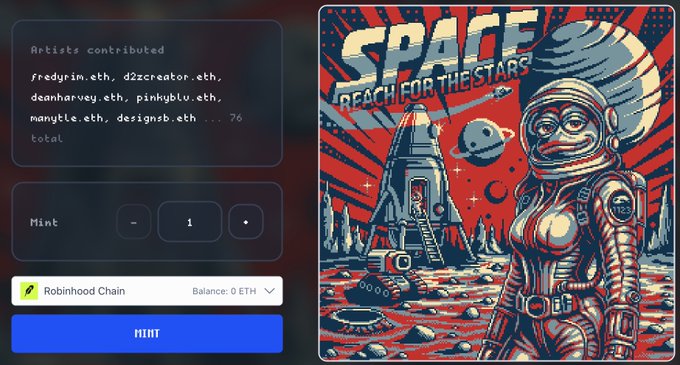 A NFT minting interface on Robinhood Chain showing 76 contributing artists like sredyrim.eth and designsb.eth, with a mint quantity of 1 and balance of 0 ETH, alongside a retro-style artwork titled 'SPACE REACH FOR THE STARS' featuring an astronaut and rocket.
