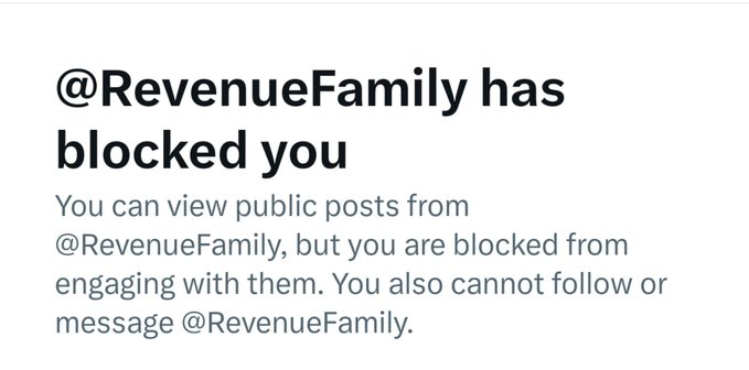 A notification screen displaying the message '@RevenueFamily has blocked you' with text explaining that the user is blocked from engaging, following, or messaging the account.
