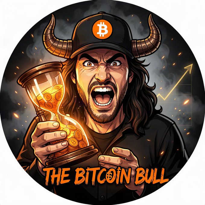 A fierce, long-haired man wearing a horned "Bitcoin Bull" cap roars while clutching an hourglass filled with Bitcoin coins, with an upward trending arrow and the text "THE BITCOIN BULL" displayed below. The image visually embodies the bullish conviction referenced in the post about $TBB (The Bitcoin Bull), where the developer has held 70% of supply untouched for 60 days, reinforcing the "no selling" message through its aggressive, unwavering bull imagery.