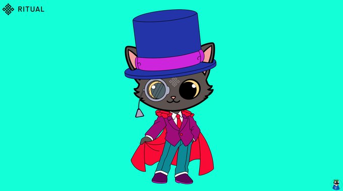 A cartoon illustration of a black cat dressed as Willy Wonka with a purple top hat, monocle, red cape, and purple suit against a teal background, with the 'RITUAL' logo in the upper left corner.